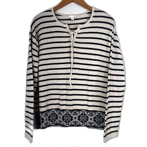 J Jill Striped Mixed Print Tie Neck Long Sleeve Pullover Sweater Size Medium